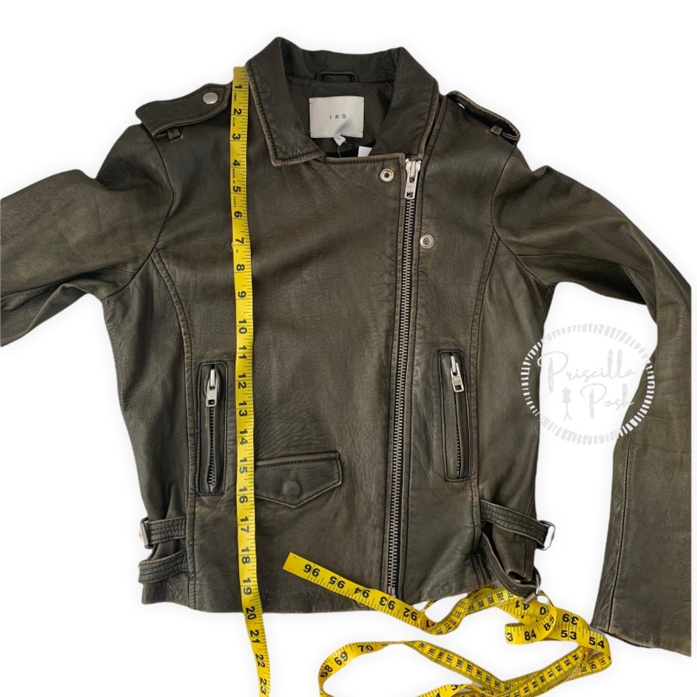 IRO Olive Green Ashville Leather Cropped Distressed Moto Jacket - Picture 12 of 16